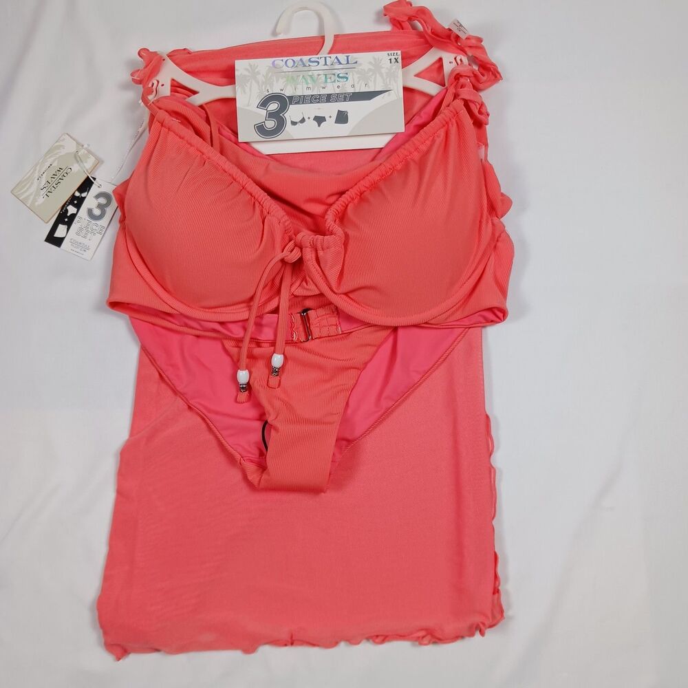 Coastal Waves Swimsuit Women's Size 1X 3 Piece Bikini and Sarong  Reversible NWT